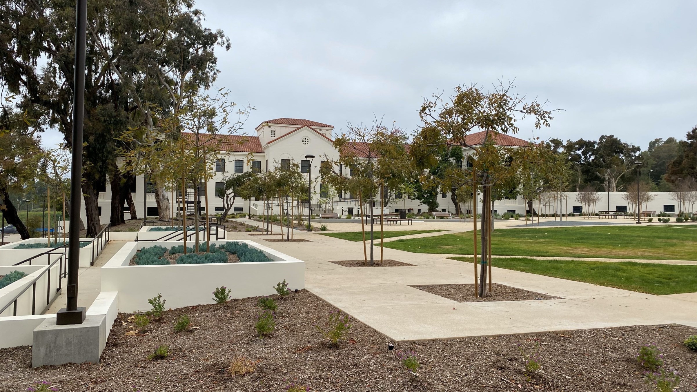 Rehabilitated Building 205, West Los Angeles VA  showing new landscaping, added accessibility ramps and pathways